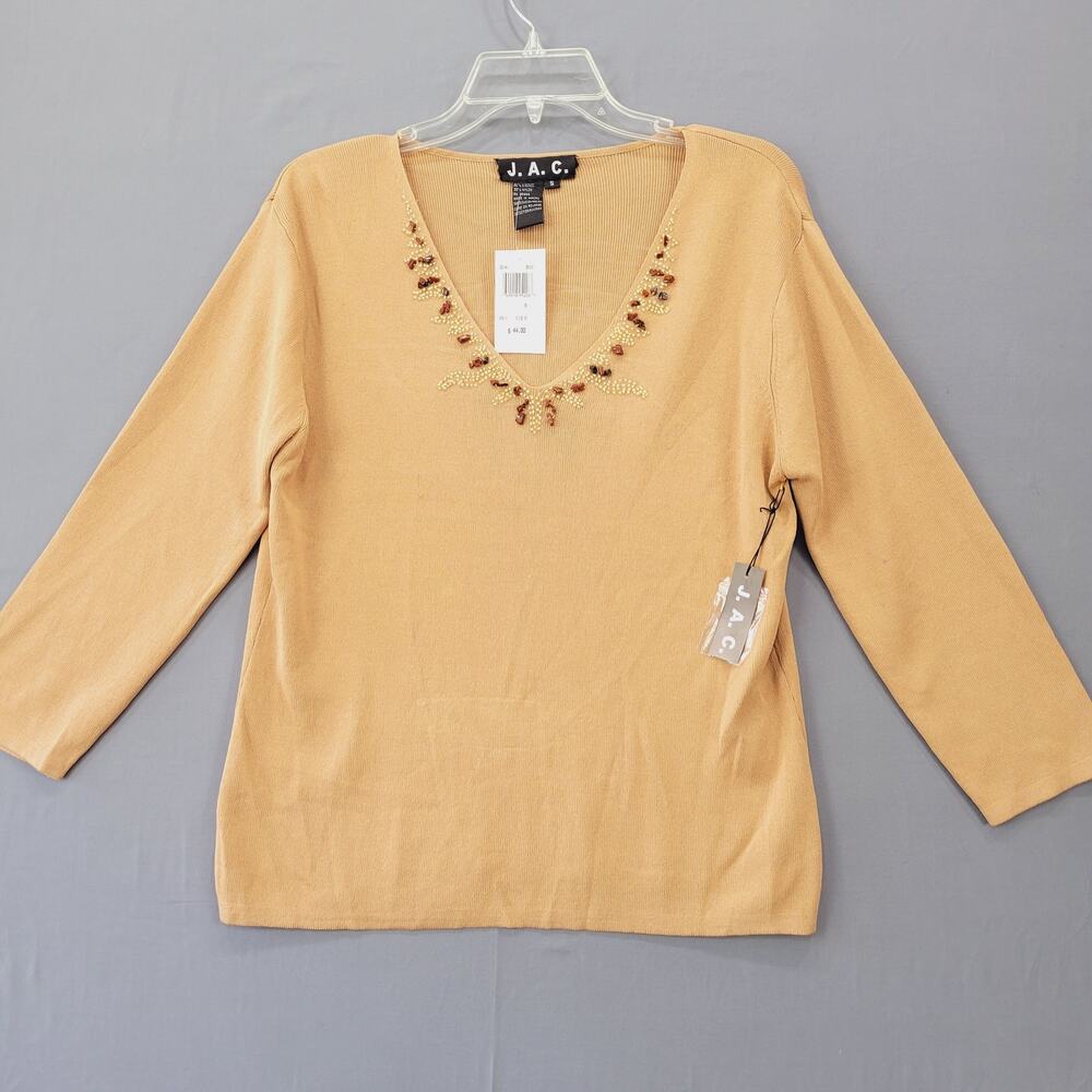 JAC Brown Camel Shirt NEW $44 Beaded V-Neck 3/4 Sleeves Knit Top Women's Size S